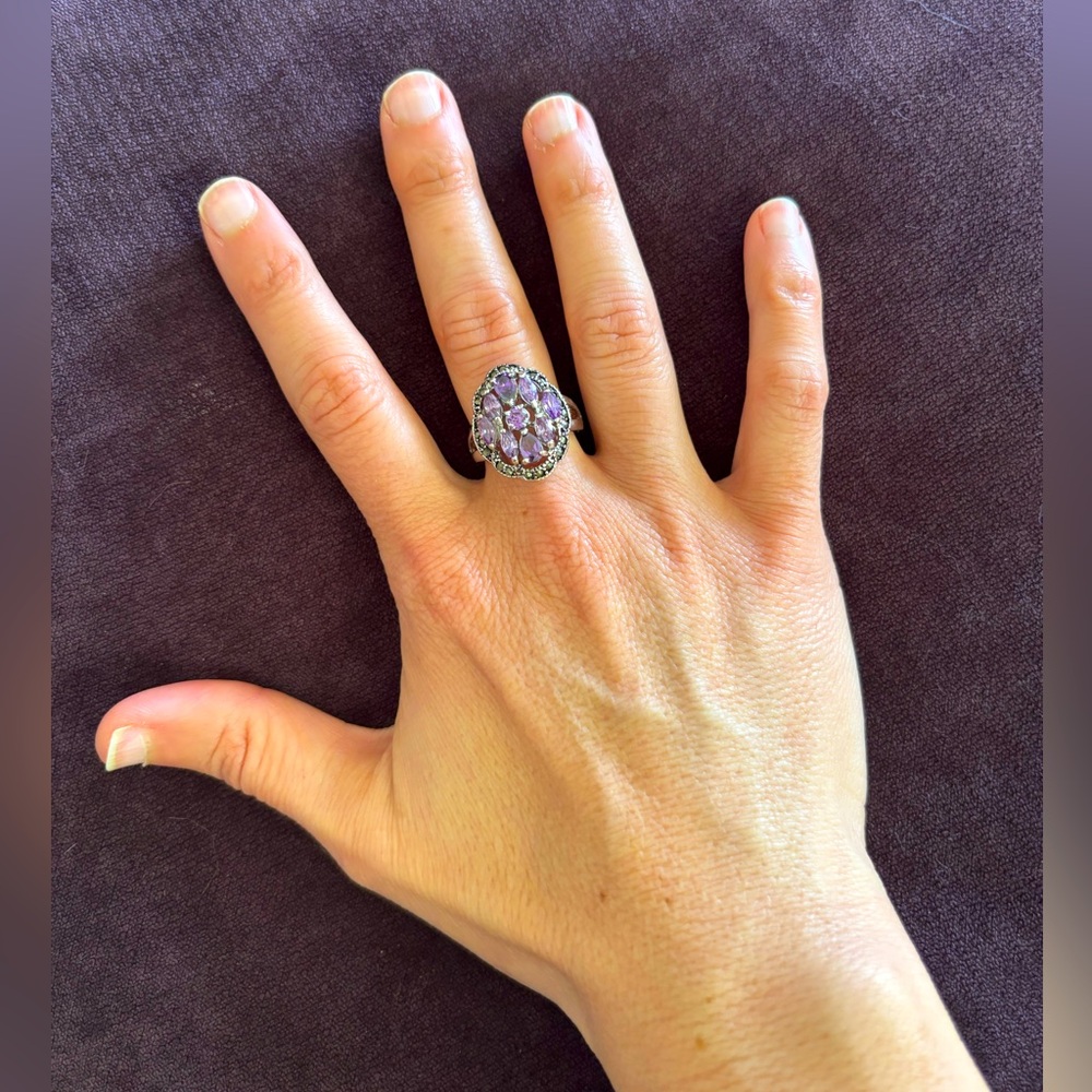 Silver Plated Marcasite & Amethyst Ring